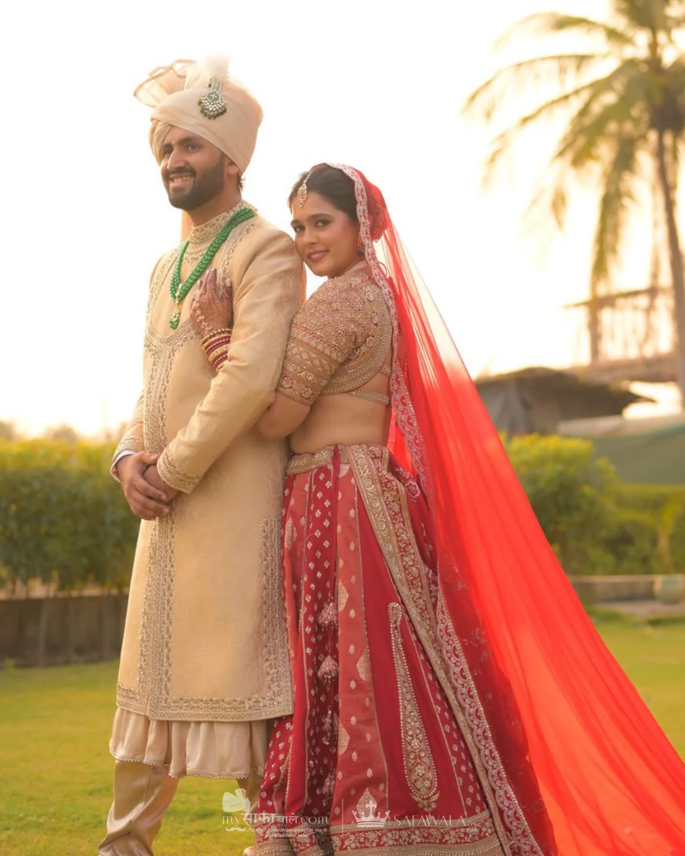 Classic groom pagdi styled with a red ceremonial stole for Groom Pagdi Styling