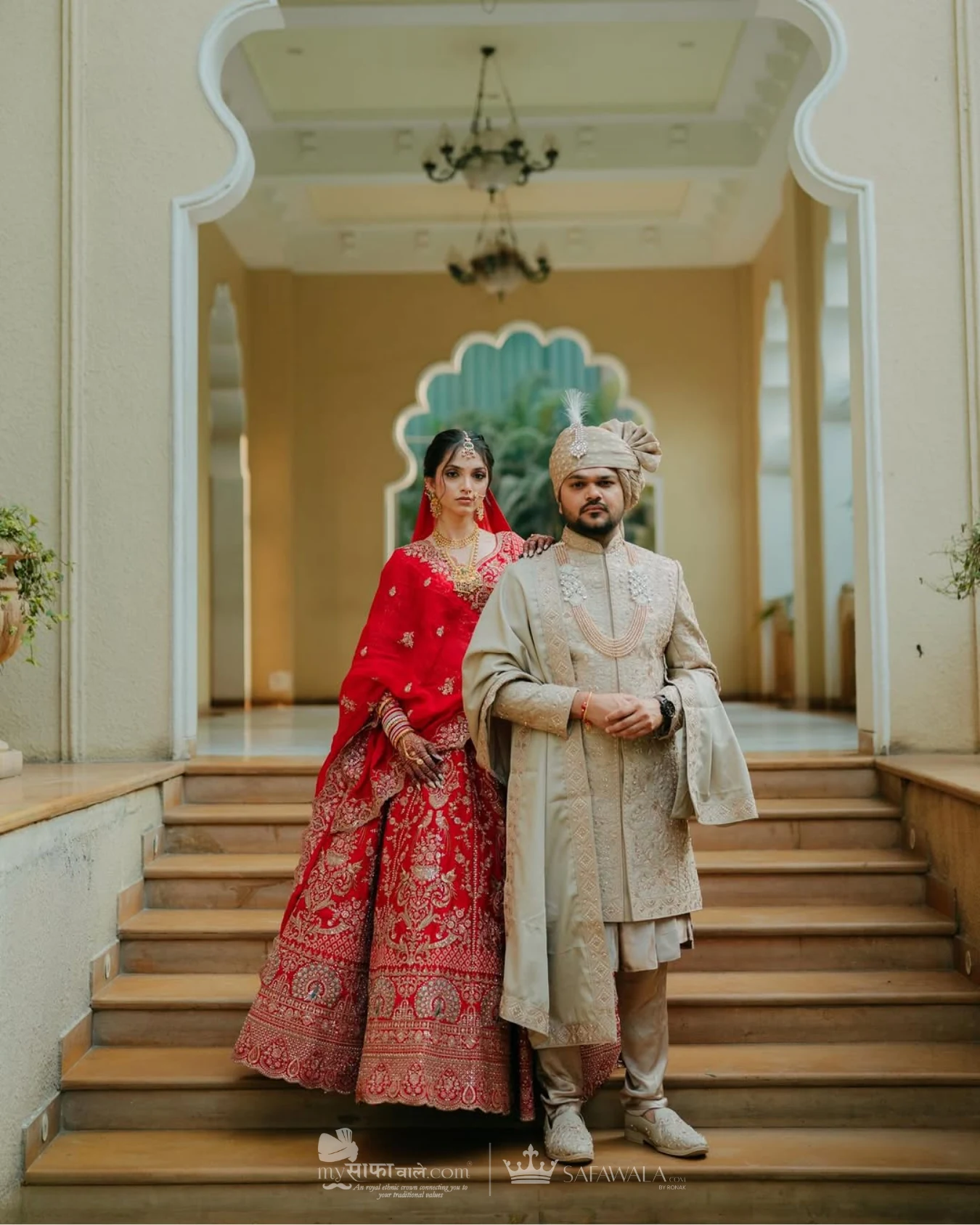 Coordinated ivory wedding pagdis for a formal celebration for Groom Pagdi Styling